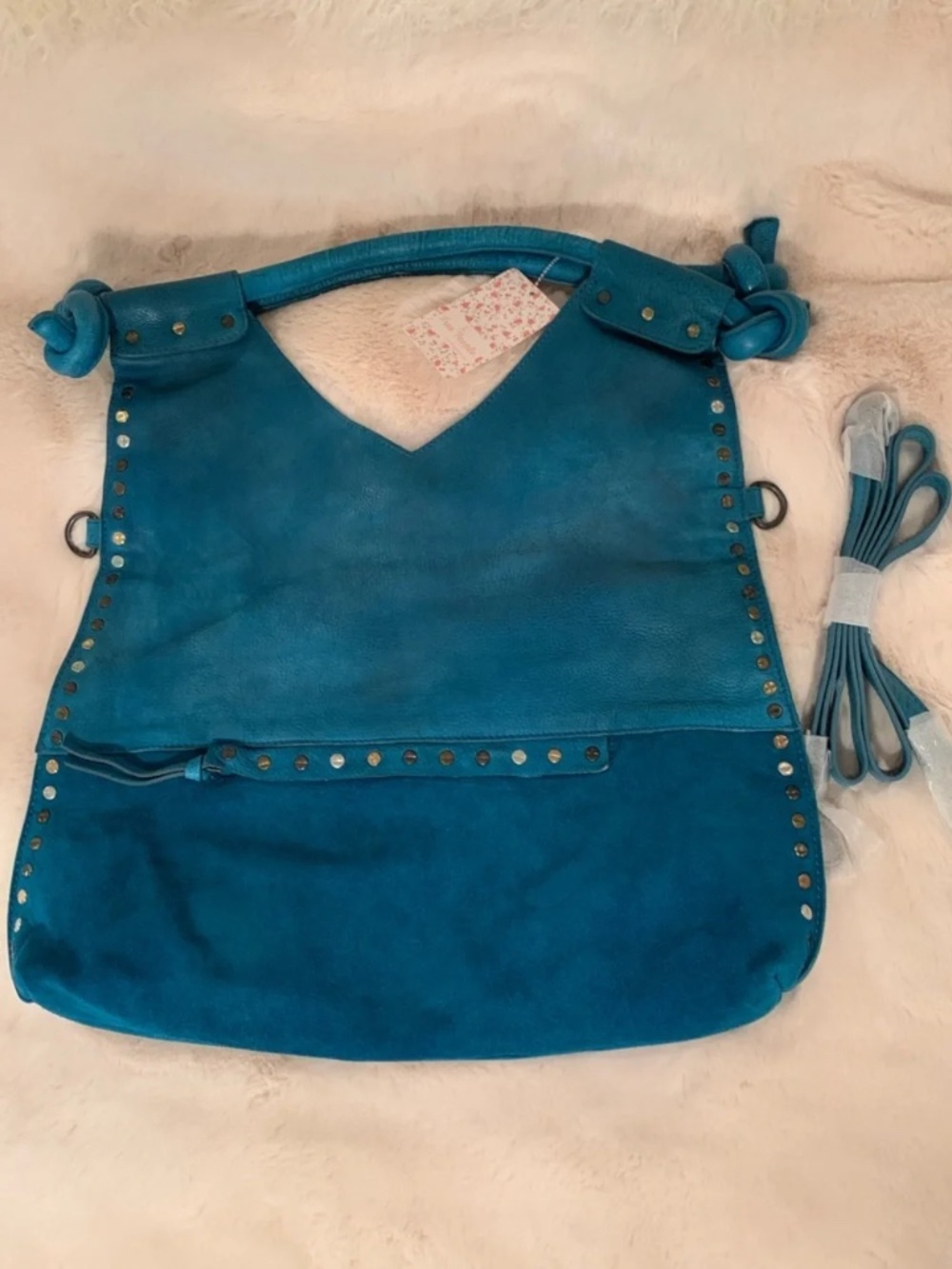 Free People We the Free Women's Blue Leather Valencia Studded Tote Handbag NWT - Picture 5 of 5